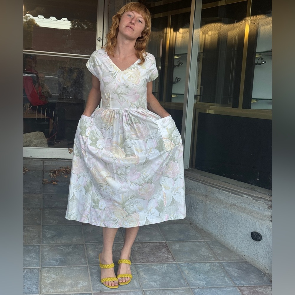 80s Britches S Pastel Floral Cotton Aline Wrap Pocket MIDI Dress
